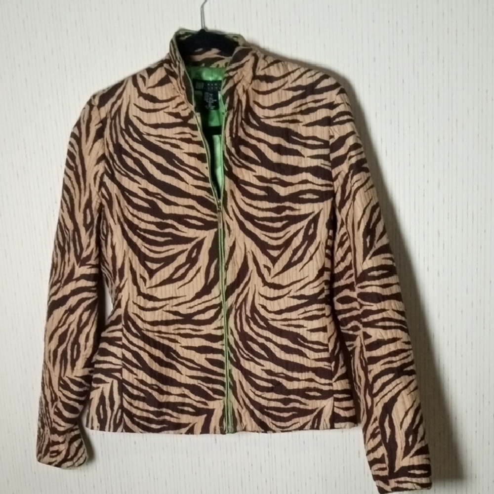 Carole Little Brown and Tan Zebra Print Blazer 100%Silk, Animal Print,